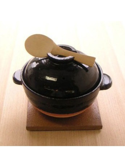黒釉土鍋 二合炊き 鍋敷き・しゃもじ付き（【Madu】キッチン/土鍋・鍋小物）の詳細画像