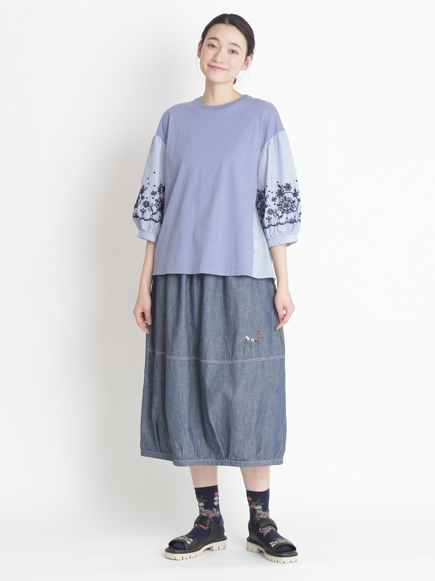 大きいサイズ］フラワートリオ刺繍スラブダンガリーバルーンスカート 