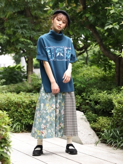 スーパーハッカ(SUPER HAKKA)のアーティストコラボ コットンカルゼ「garden 」プリント×チェック スカート(裏地付き) フレアスカート