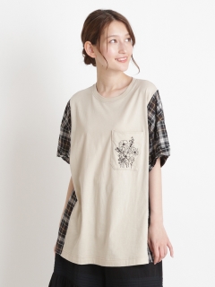 スーパーハッカ(SUPER HAKKA)のチェック/ストライプ ポケット線画フラワー刺繍Tシャツ カットソー